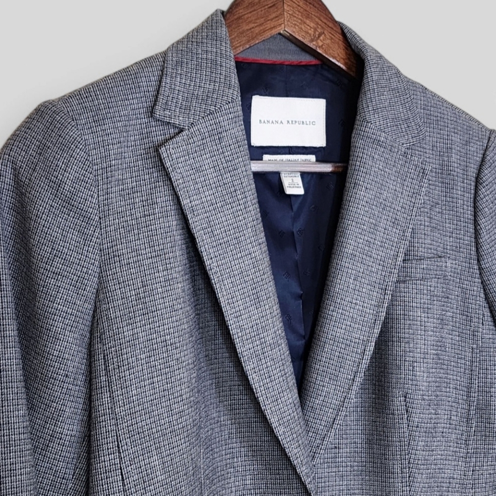 Banana Republic Italian Fabric Blazer Size 2 Grey Houndstooth Elbow Patch Jacket - Picture 7 of 12